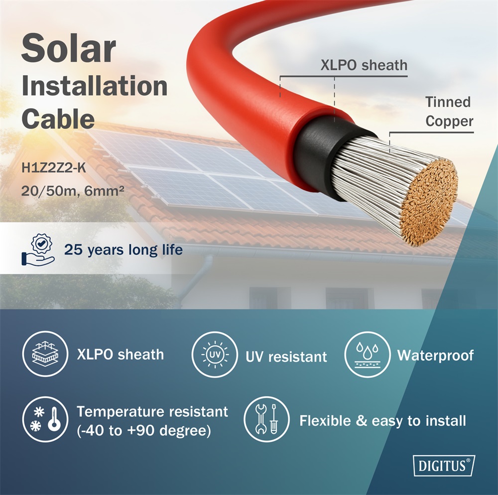 DIGITUS Solar 6mm 1500V DC XLPO napelemes kültéri piros telepítőkábel 50m