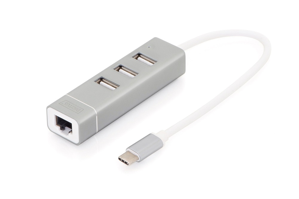 DIGITUS USB Type-C Ethernet adapter + 3 portos USB HUB