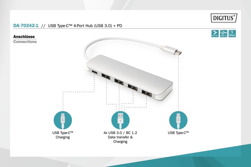 DIGITUS USB Type-C 4 portos USB 3.0 hub + PD