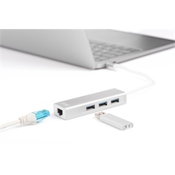 DIGITUS USB Type-C Gigabit Ethernet adapter + 3 portos USB HUB