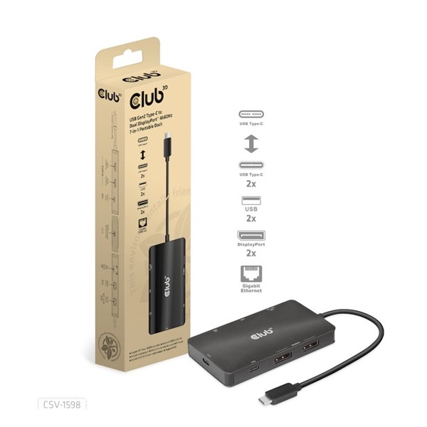 DOC Club3D USB Gen2 Type-C to Dual DisplayPort 4k60Hz 7-in-1 Portable Dock