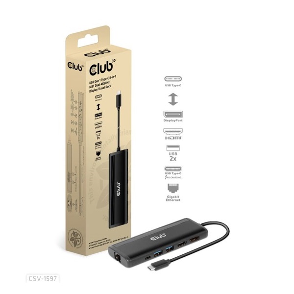 DOC Club3D USB Gen 1 Type-C 8-in-1 MST Dual 4K60Hz Display Travel Dock - Dokkoló