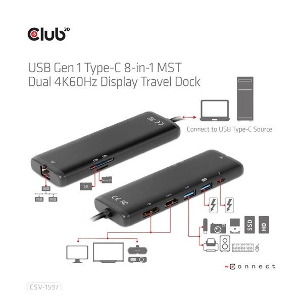 DOC Club3D USB Gen 1 Type-C 8-in-1 MST Dual 4K60Hz Display Travel Dock - Dokkoló