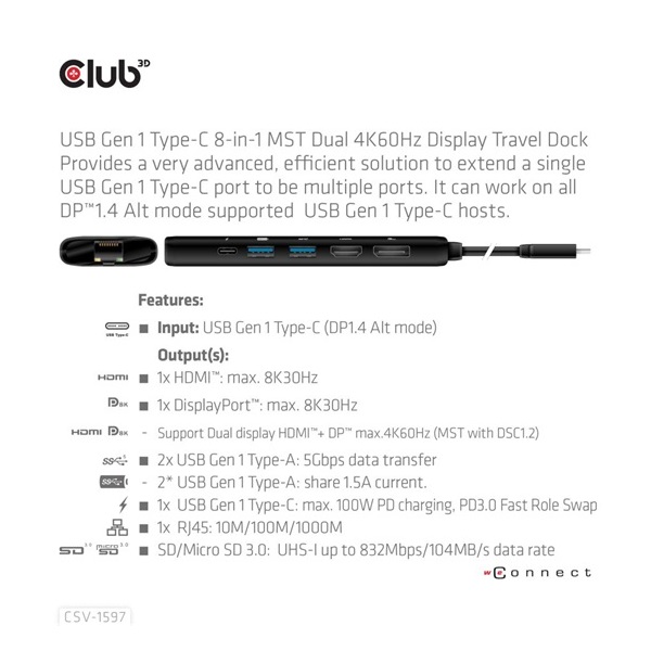 DOC Club3D USB Gen 1 Type-C 8-in-1 MST Dual 4K60Hz Display Travel Dock - Dokkoló