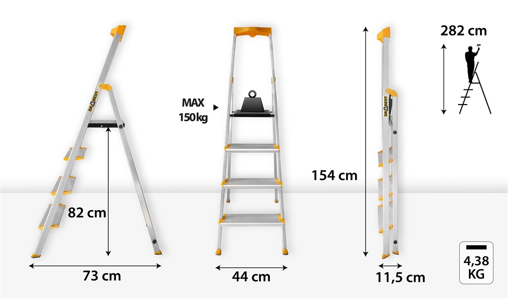 DRABEST MAX 4 (3+1) lépcsős professzionális alumínium létra, összecsukható, 150 kg teherbírás