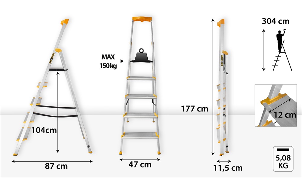 DRABEST MAX 5 (4+1) lépcsős professzionális alumínium létra, összecsukható, 150 kg teherbírás