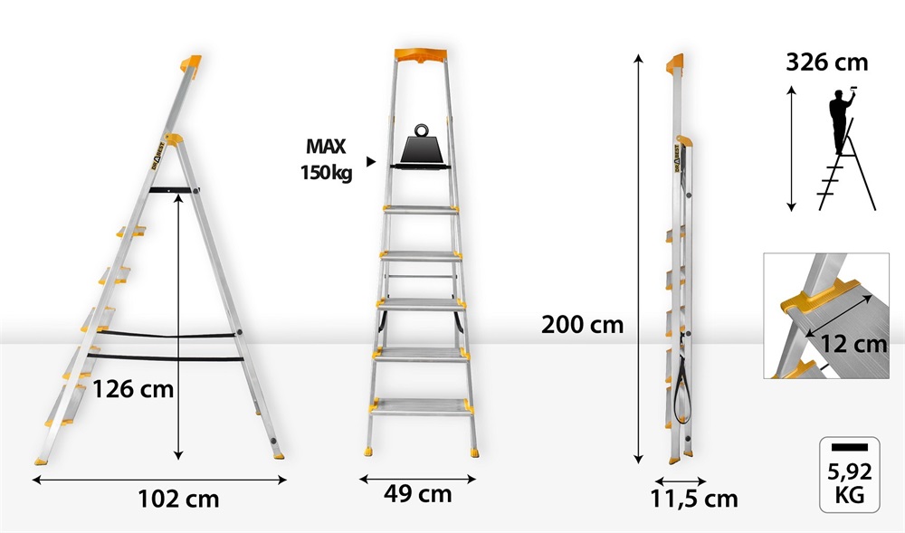 DRABEST MAX 6 (5+1) lépcsős professzionális alumínium létra, összecsukható, 150 kg teherbírás