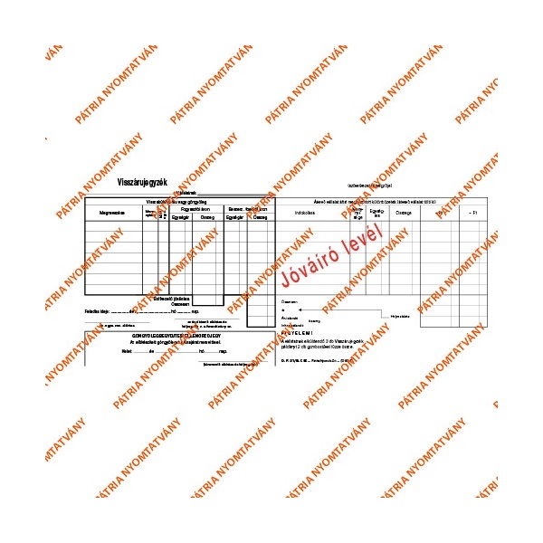 D.F.21/B 25x5lapos "Visszárujegyzék" nyomtatvány