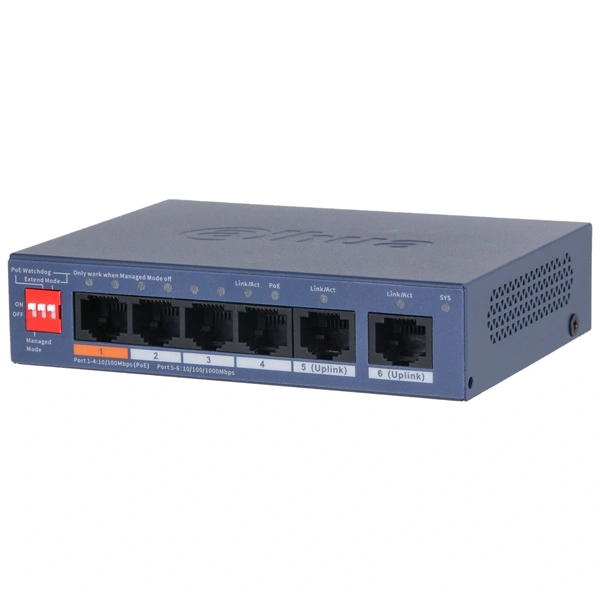 Dahua CS4006-4ET2GT-60 4x10/100 Mbps PoE + 2x1 Gbps uplink/60W/Cloud Managed PoE Switch