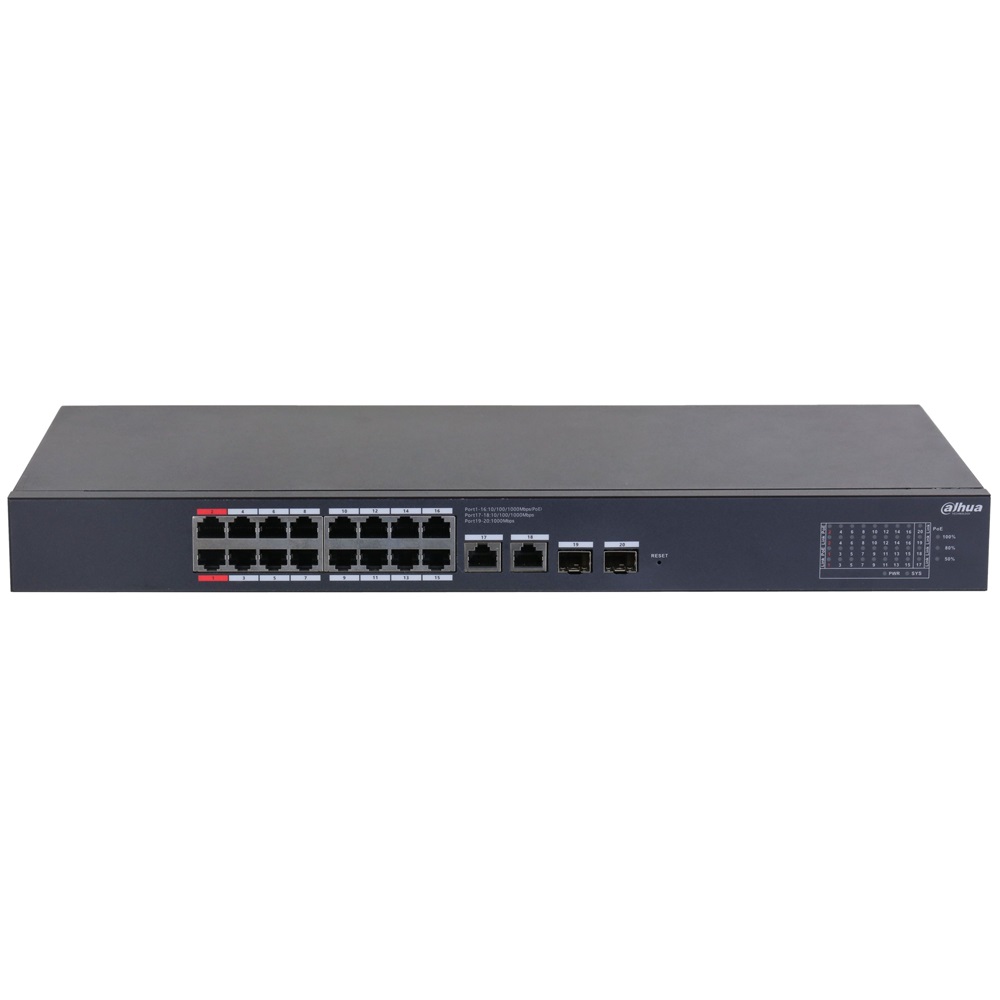 Dahua CS4220-16GT-240 16x1 Gbps PoE + 2x1 Gbps RJ-45 Uplink + 2x1 Gbps SFP Uplink/240W/Cloud Managed PoE Switch