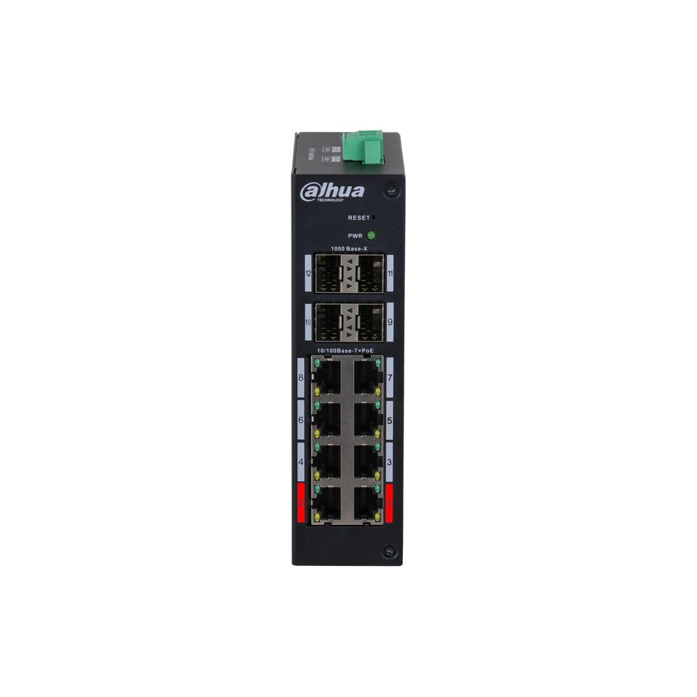 Dahua HS4412-8ET-120 8x10/100 Mbps PoE + 4x1 Gbps SFP Uplink /120W/Din/ Ipari Menedzselhető PoE switch
