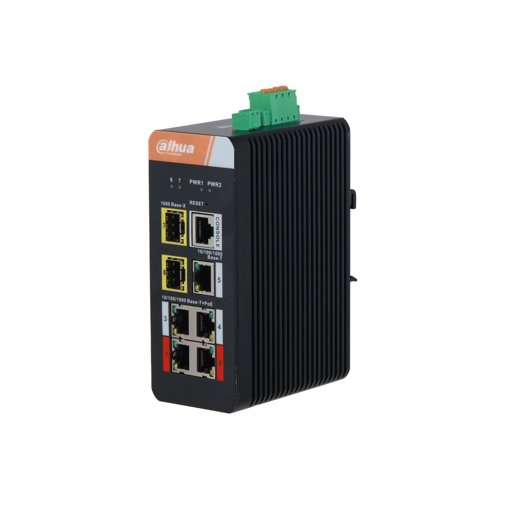 Dahua IS4207-4GT-120 5x1 Gbps PoE + 2x1 Gbps SFP + 1x Console port /120W/Din/ Ipari Menedzselhető PoE switch