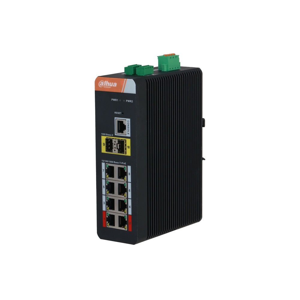 Dahua IS4210-8GT-120 8x1 Gbps PoE + 2x1 Gbps SFP + 1x Console port /120W/Din/ Ipari Menedzselhető PoE switch
