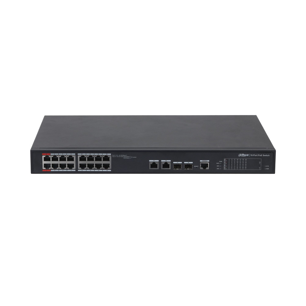 Dahua PFS4218-16ET-190-V3 16x10/100 Mbps PoE + 2x1 Gbps RJ-45/SFP Combo uplink/190W/Menedzselhető PoE Switch