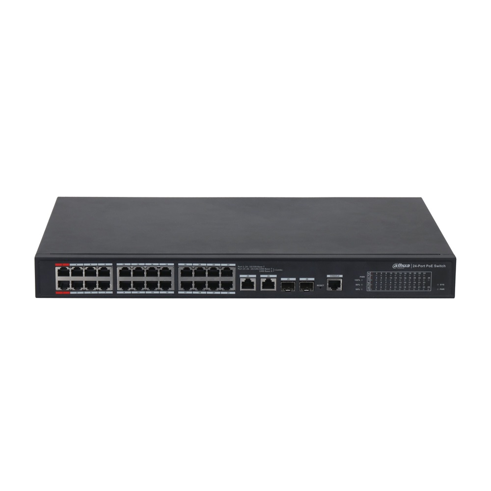Dahua PFS4226-24ET-240-V3 24x10/100 Mbps PoE + 2x1 Gbps RJ-45/SFP Combo uplink/240W/Menedzselhető PoE Switch