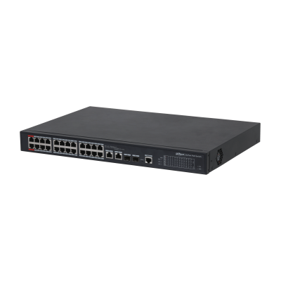Dahua PFS4226-24ET-360-V2 24x 10/100(Hi-PoE(1,2)/PoE/PoE+)+2x gigabit/SFP combo uplink, 360W PoE menedzselhető switch