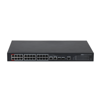 Dahua PFS4226-24ET-360-V2 24x 10/100(Hi-PoE(1,2)/PoE/PoE+)+2x gigabit/SFP combo uplink, 360W PoE menedzselhető switch