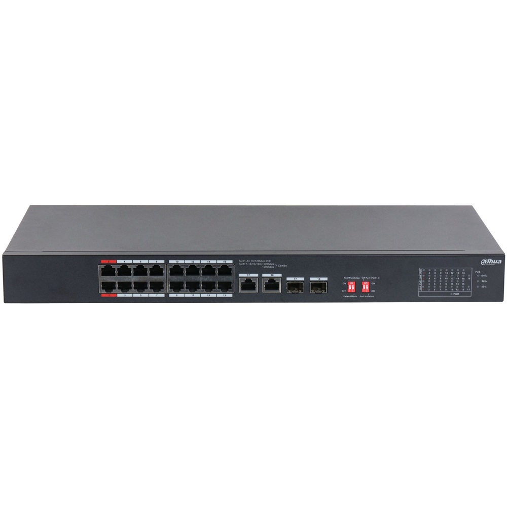 Dahua S3218-16ET-240 16x10/100 Mbps PoE + 2x1 Gbps RJ-45/SFP Combo Uplink/240W/nem menedzselhető PoE Switch