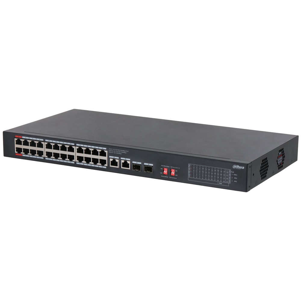 Dahua S3228-24GT-375 24x1 Gbps PoE + 2x1 Gbps RJ-45 Uplink + 2x1 Gbps SFP/375W/nem menedzselhető PoE Switch