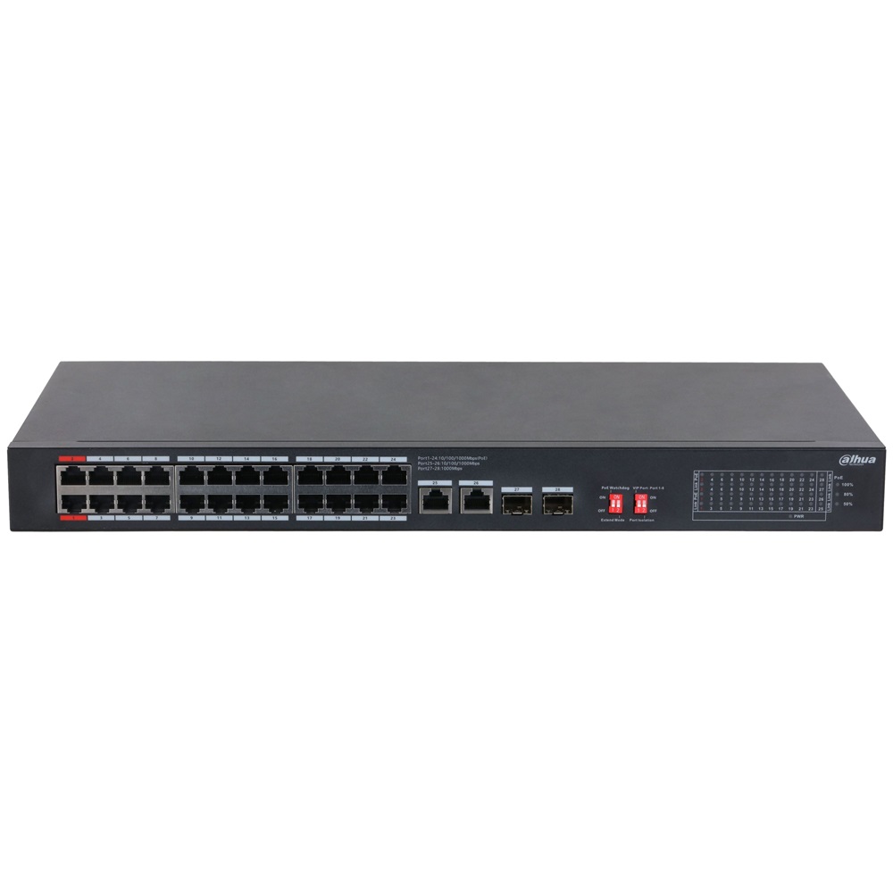 Dahua S3228-24GT-375 24x1 Gbps PoE + 2x1 Gbps RJ-45 Uplink + 2x1 Gbps SFP/375W/nem menedzselhető PoE Switch