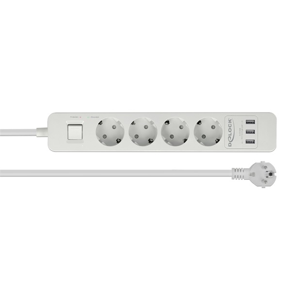 Delock 11206 Fehér színu négy foglalatú hosszabbítós konnektor USB töltovel és kisülés védelemmel
