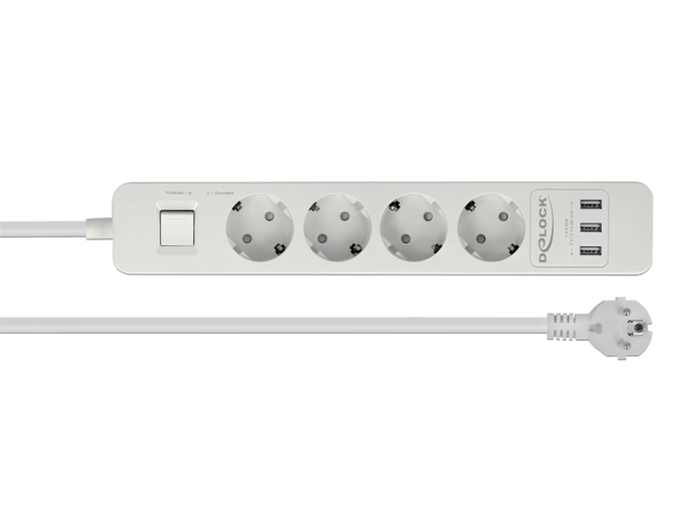 Delock 11206 Fehér színu négy foglalatú hosszabbítós konnektor USB töltovel és kisülés védelemmel