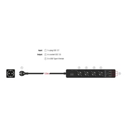 Delock 11209 Fekete színu négy foglalatú hosszabbítós konnektor USB töltovel és kisülés védelemmel