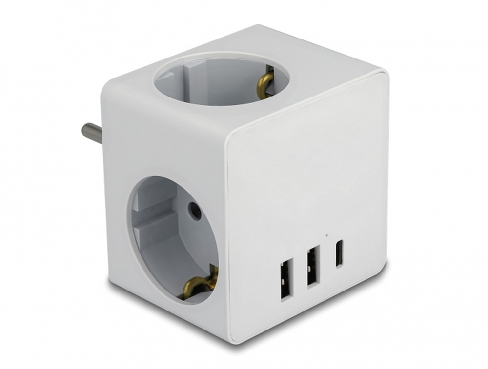 Delock 11496 3-oldalú multi-csatlakozó kocka gyerekzárral és USB töltőfelülettel, fehér