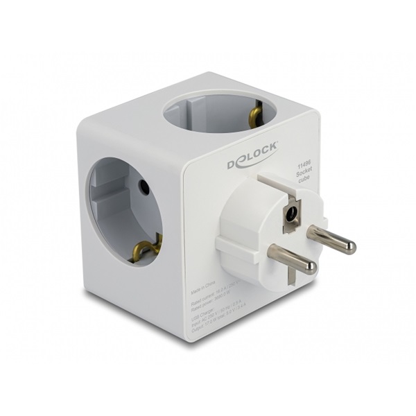 Delock 11496 3-oldalú multi-csatlakozó kocka gyerekzárral és USB töltőfelülettel, fehér