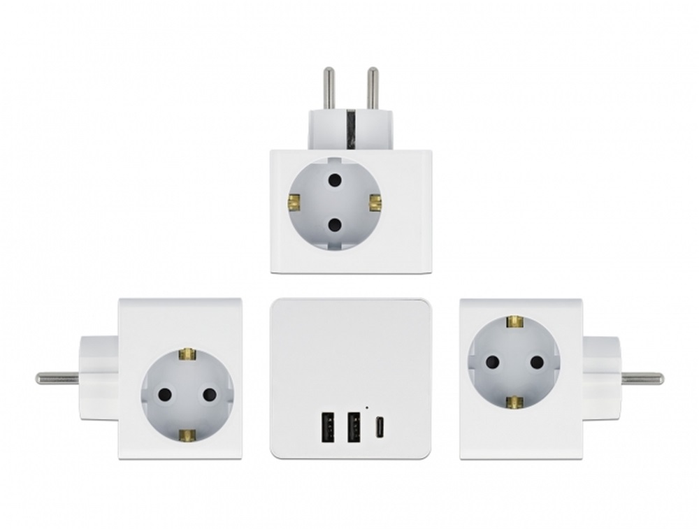 Delock 11496 3-oldalú multi-csatlakozó kocka gyerekzárral és USB töltőfelülettel, fehér