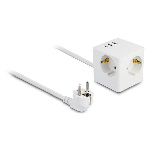 Delock 11497 3 nyílásos csatlakozó kocka hosszabbító gyerekzárral és USB töltővel, valamint 1,5 m fehér
