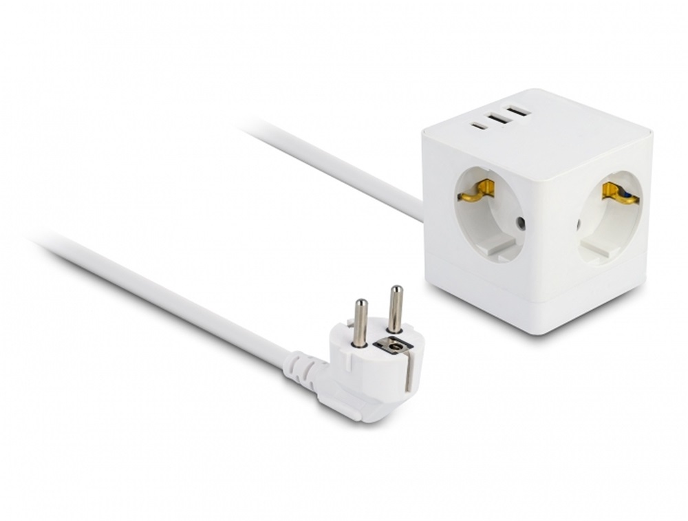 Delock 11497 3 nyílásos csatlakozó kocka hosszabbító gyerekzárral és USB töltővel, valamint 1,5 m fehér
