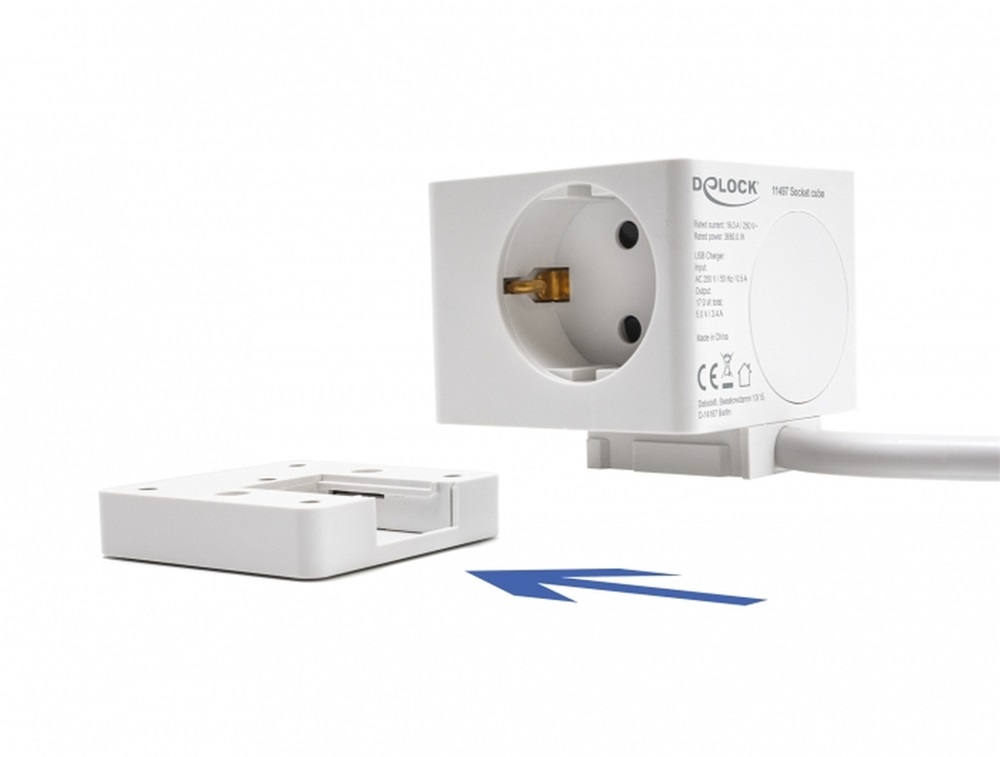 Delock 11497 3 nyílásos csatlakozó kocka hosszabbító gyerekzárral és USB töltővel, valamint 1,5 m fehér
