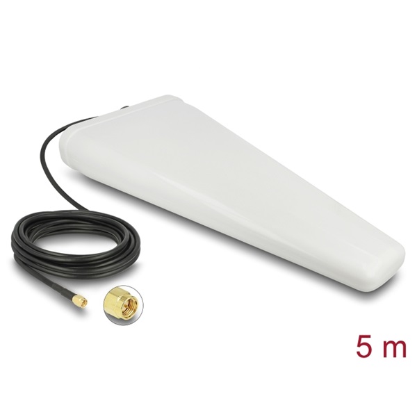 Delock 12002 LTE-antenna, SMA-csatlakozódugó, 9 - 11 dB kétirányú, csatlakozókábellel (RG-58, 5 m), fehér,