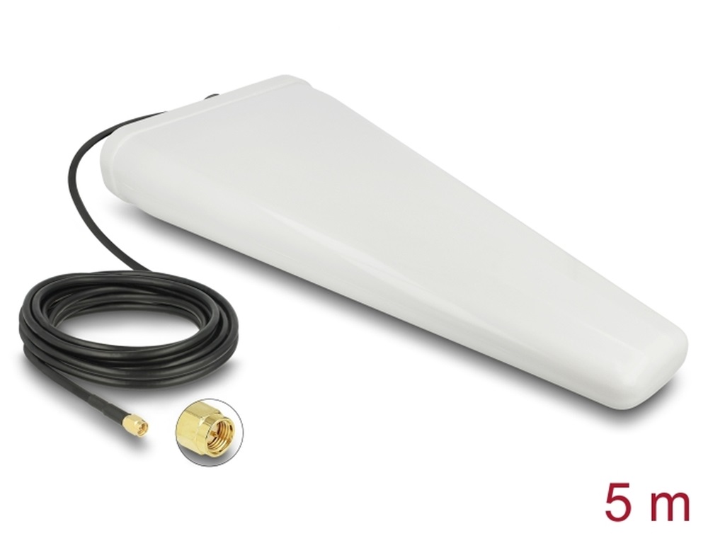 Delock 12002 LTE-antenna, SMA-csatlakozódugó, 9 - 11 dB kétirányú, csatlakozókábellel (RG-58, 5 m), fehér,