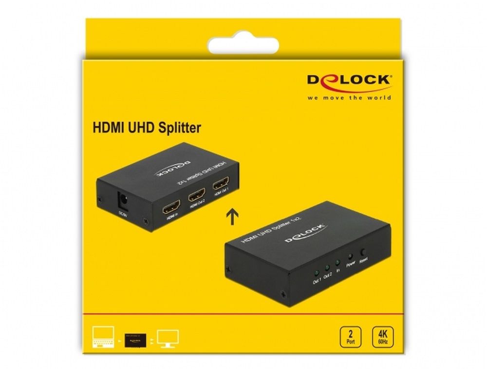 Delock 18682 HDMI UHD-es elosztó 1 x HDMI-bemenet > 2 x HDMI-kimenet 4K