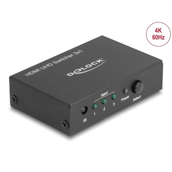 Delock 18683 HDMI UHD-kapcsoló, 3 x HDMI-bemenet > 1 x HDMI-kimenet, 4K
