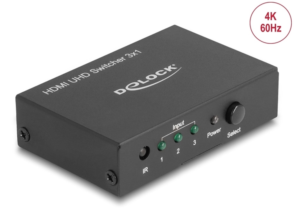 Delock 18683 HDMI UHD-kapcsoló, 3 x HDMI-bemenet > 1 x HDMI-kimenet, 4K