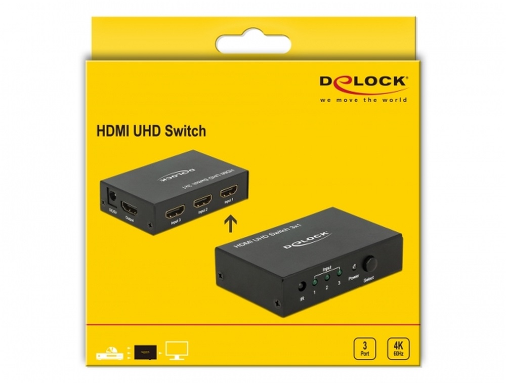 Delock 18683 HDMI UHD-kapcsoló, 3 x HDMI-bemenet > 1 x HDMI-kimenet, 4K