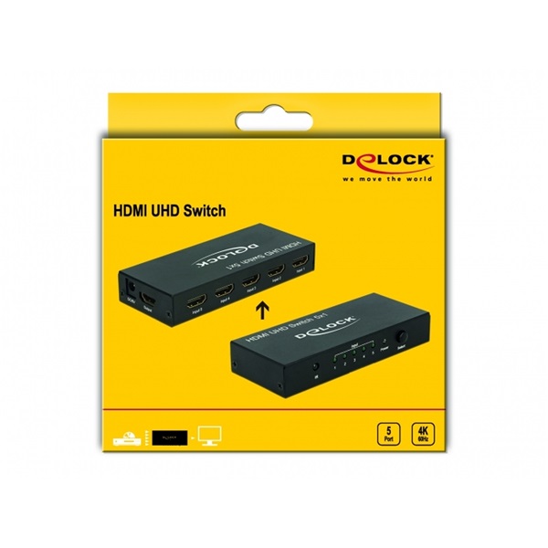 Delock 18685 HDMI UHD-kapcsoló, 5 x HDMI-bemenet > 1 x HDMI-kimenet, 4K