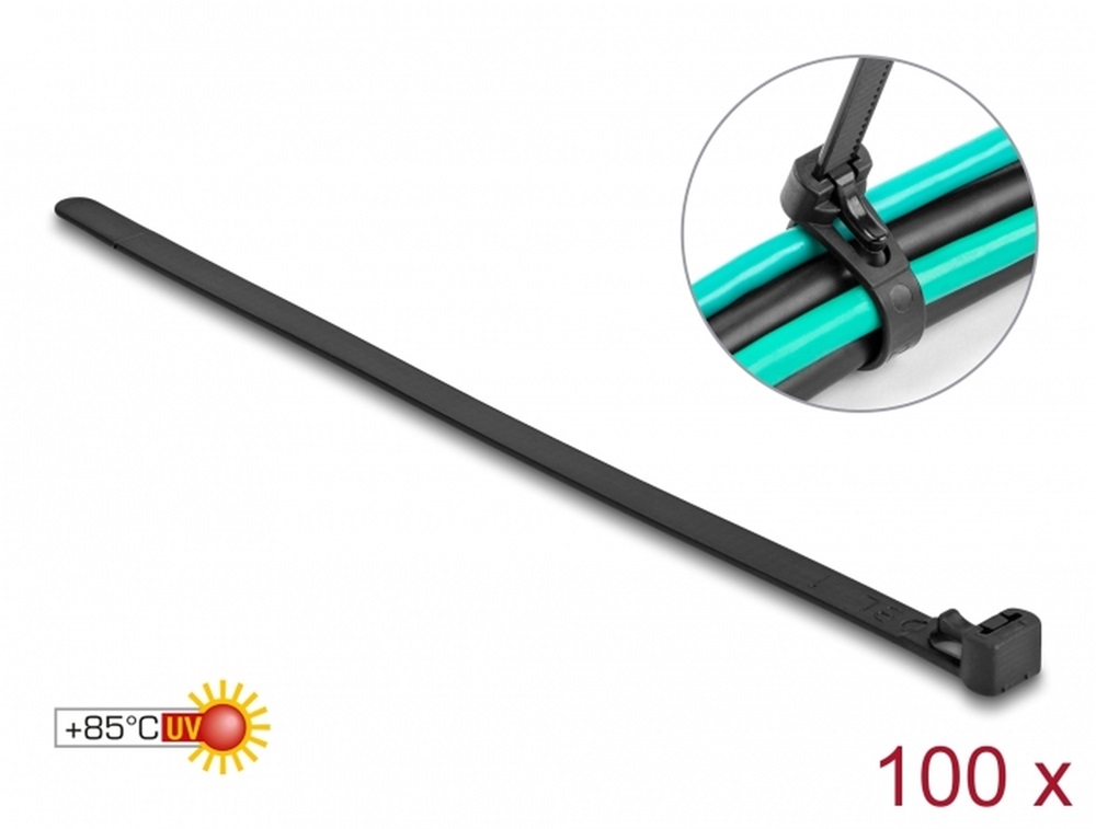 Delock 18757 Kábelösszekötő újrahasznosítható hőálló hossza 200 mm, szélessége 7,5 mm, 100 db. Fekete