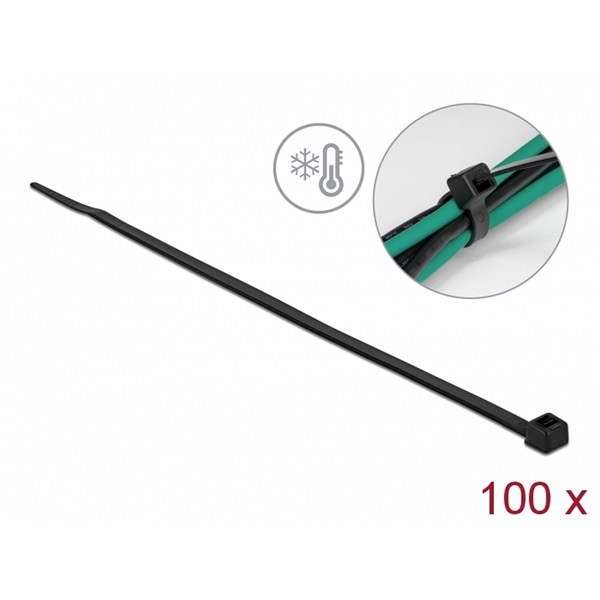 Delock 19189 Kábelkötöző ellenáll a hideg hőmérsékletnek hossza 200 x szélessége 4,8 mm, 100 db. Fekete