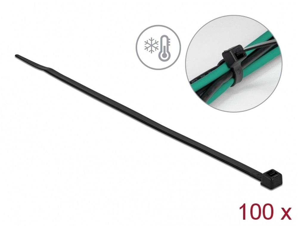 Delock 19202 Kábelkötöző ellenáll a hideg hőmérsékletnek hossza 300 x szélessége 4,8 mm, 100 db. Fekete