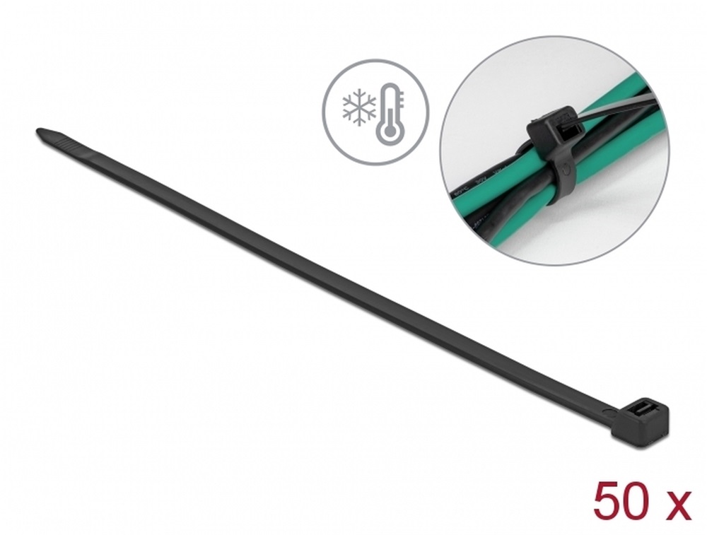 Delock 19228 Kábelkötöző ellenáll a hideg hőmérsékletnek hossza 380 x szélessége 7,6 mm, 50 db. Fekete