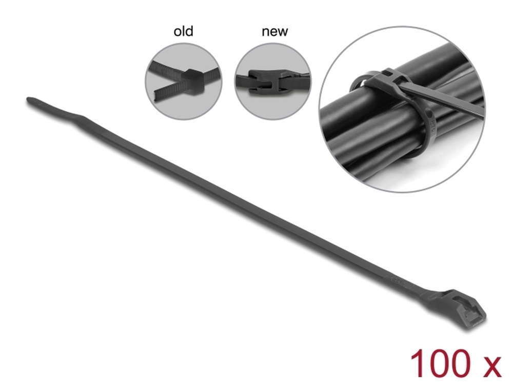 Delock 19466 Kábelkötegelő lapos fejrésszel hossza 205 mm szélessége 2,5 mm, 100 db. Fekete