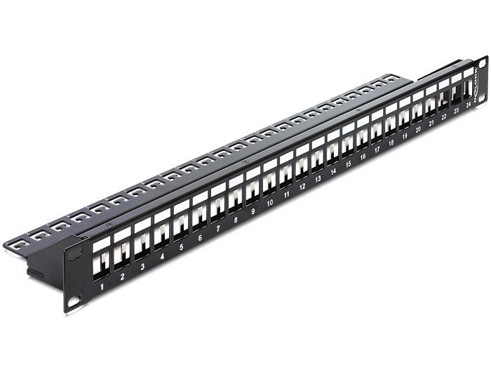 Delock 43277 19"-s 24 portos Keystone patchpanel tehermentesítővel