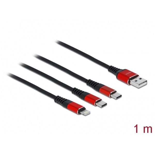Delock 86709 1 m hosszú, USB töltő kábel 3 az 1 A-típusú apa Lightning -, es 2 x USB Type-C  csatlakozásho