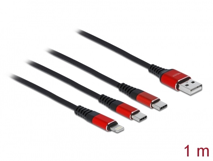 Delock 86709 1 m hosszú, USB töltő kábel 3 az 1 A-típusú apa Lightning -, es 2 x USB Type-C  csatlakozásho