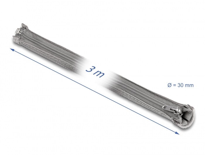 Delock 20837 3mx30mm szürke hőálló zipzáras fonott kábelharisnya