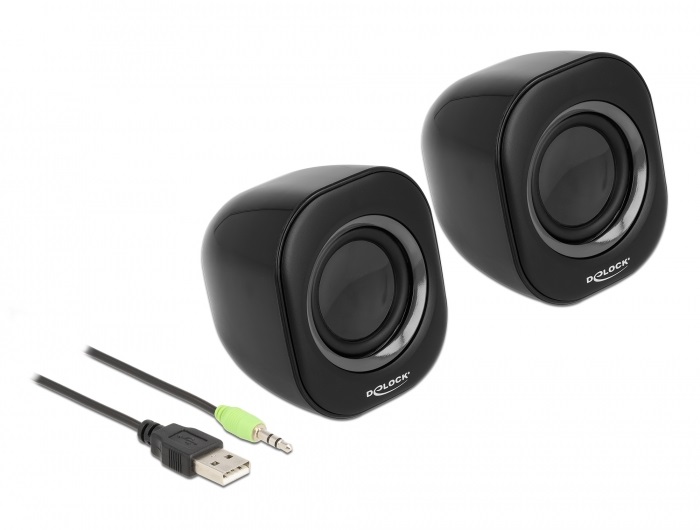 Delock 27002 Mini Sztereó személyi számítógép hangfal 3,5 mm sztereó jack apával és USB töltéssel